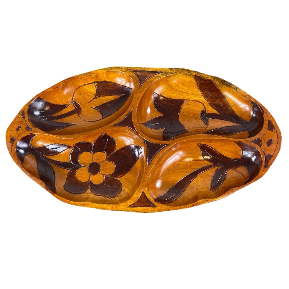 Vintage hand carved wooden floral pattern monkey pod serving dish